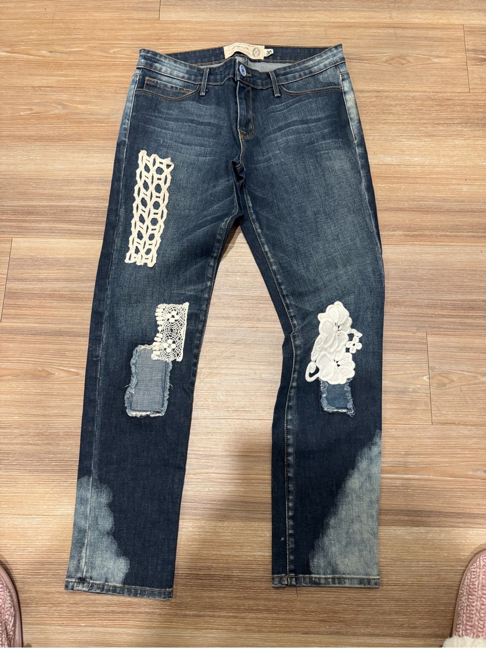 Free People Dark Blue Straight Leg Jeans with White Lace Patches